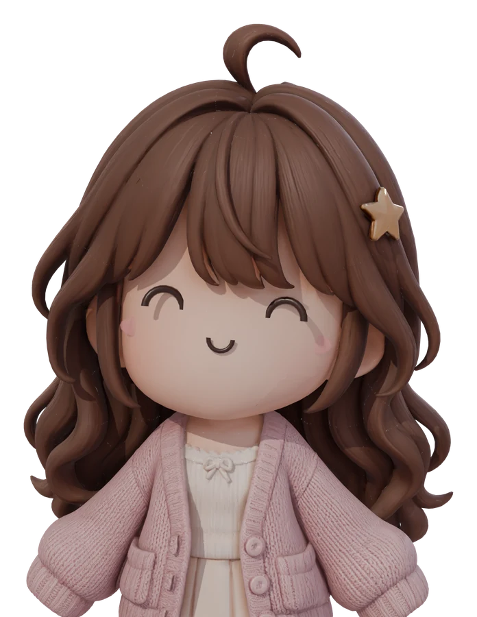 Mimi smiling, wearing her pink cardigan and star hair clip