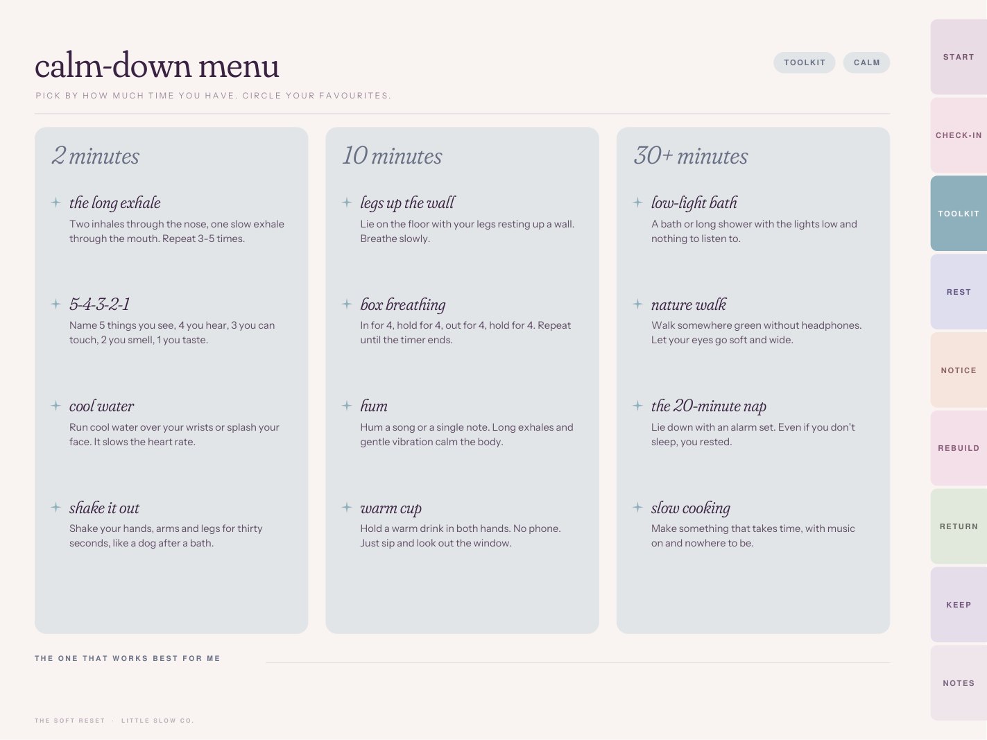 Calm-down menu page