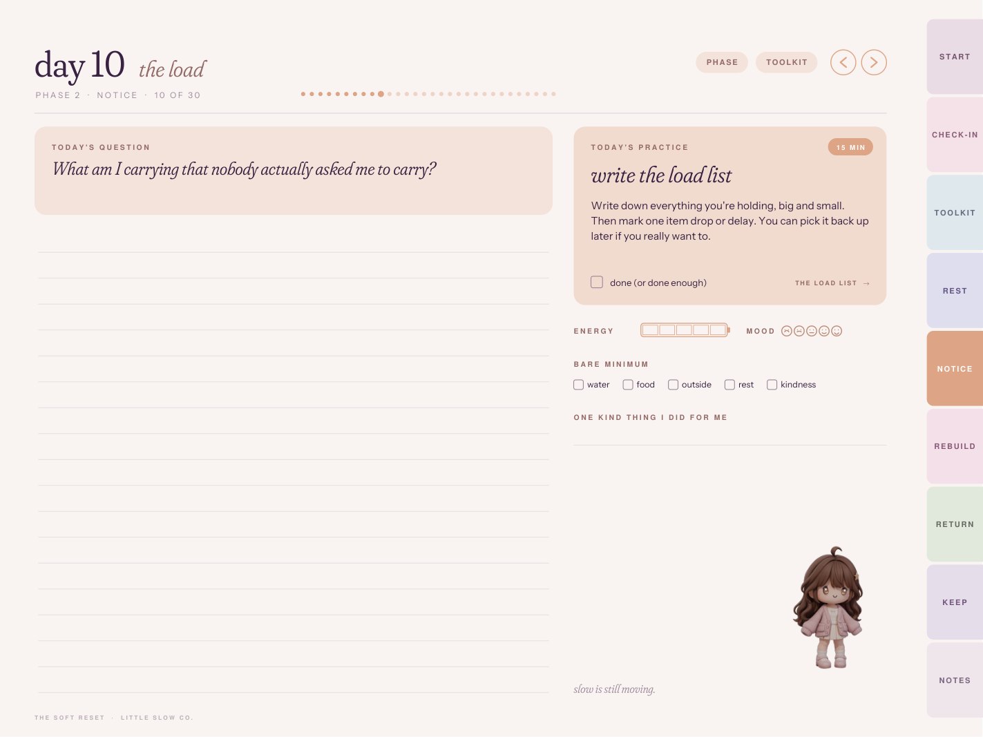 A daily page: today's question, journal space and today's practice