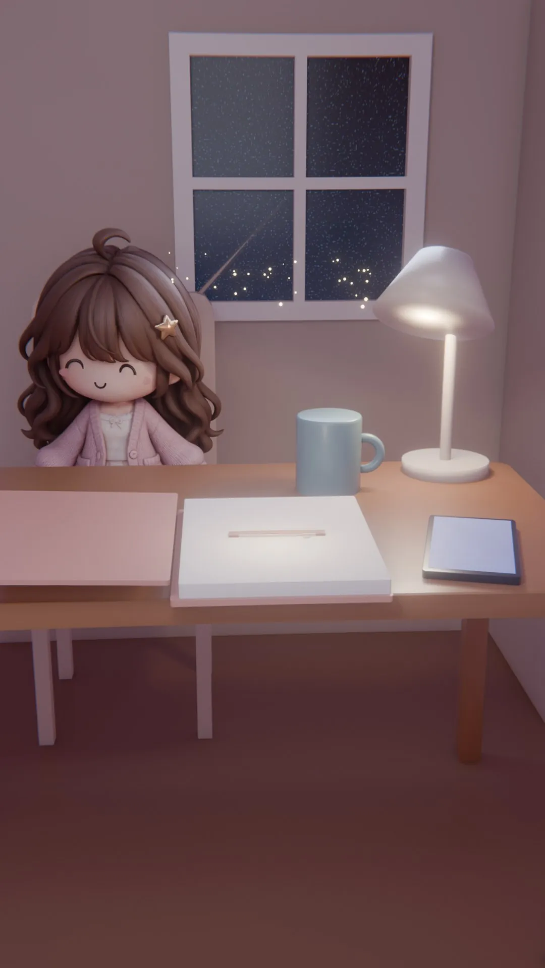 Mimi smiling at her desk with the glowing workbook
