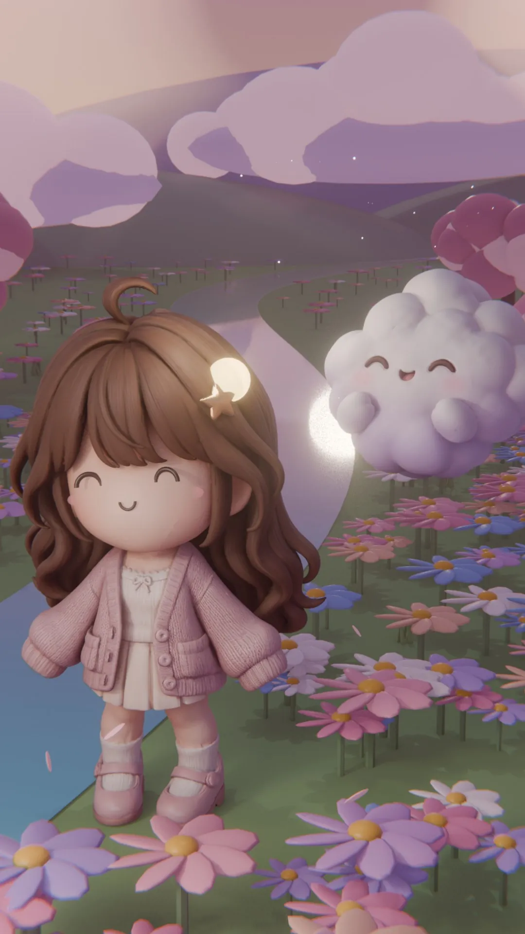 Mimi and Puff smiling in the flower field