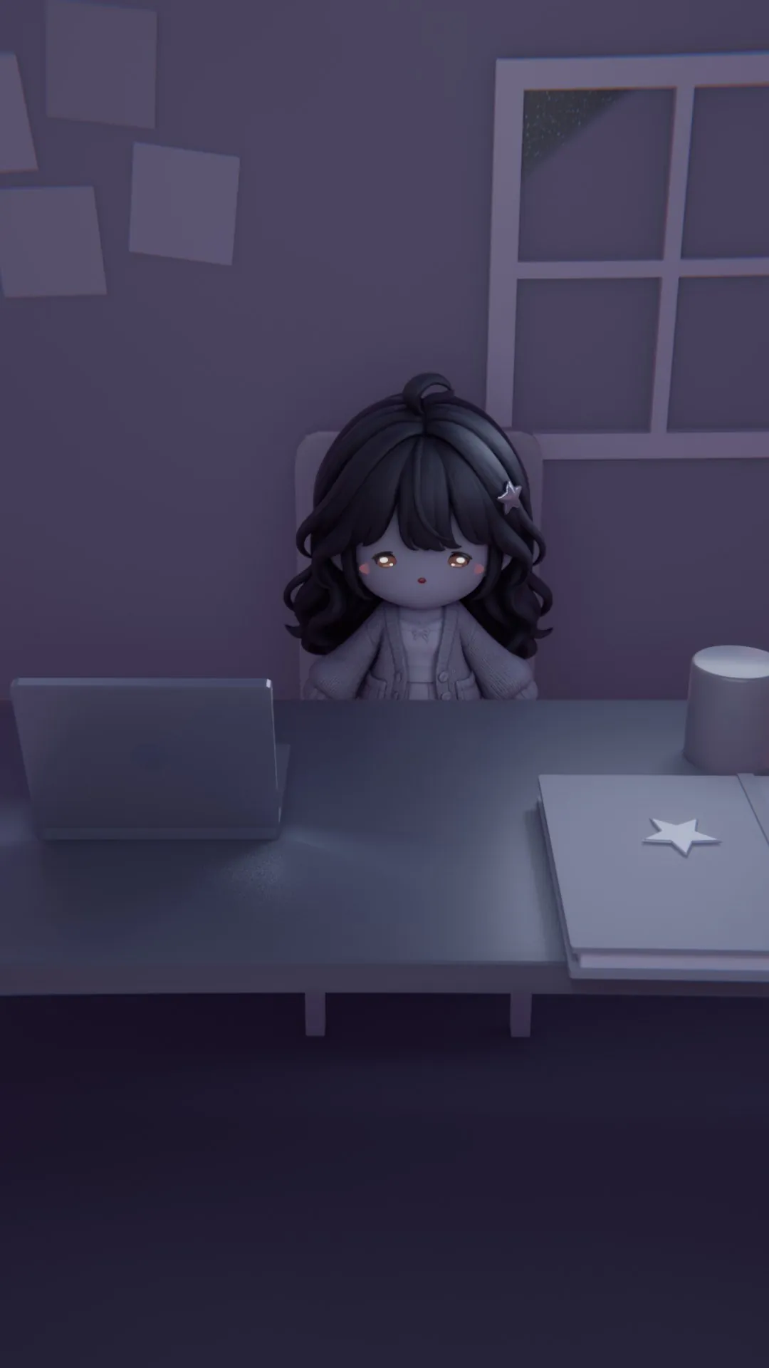 Mimi tired at her desk late at night