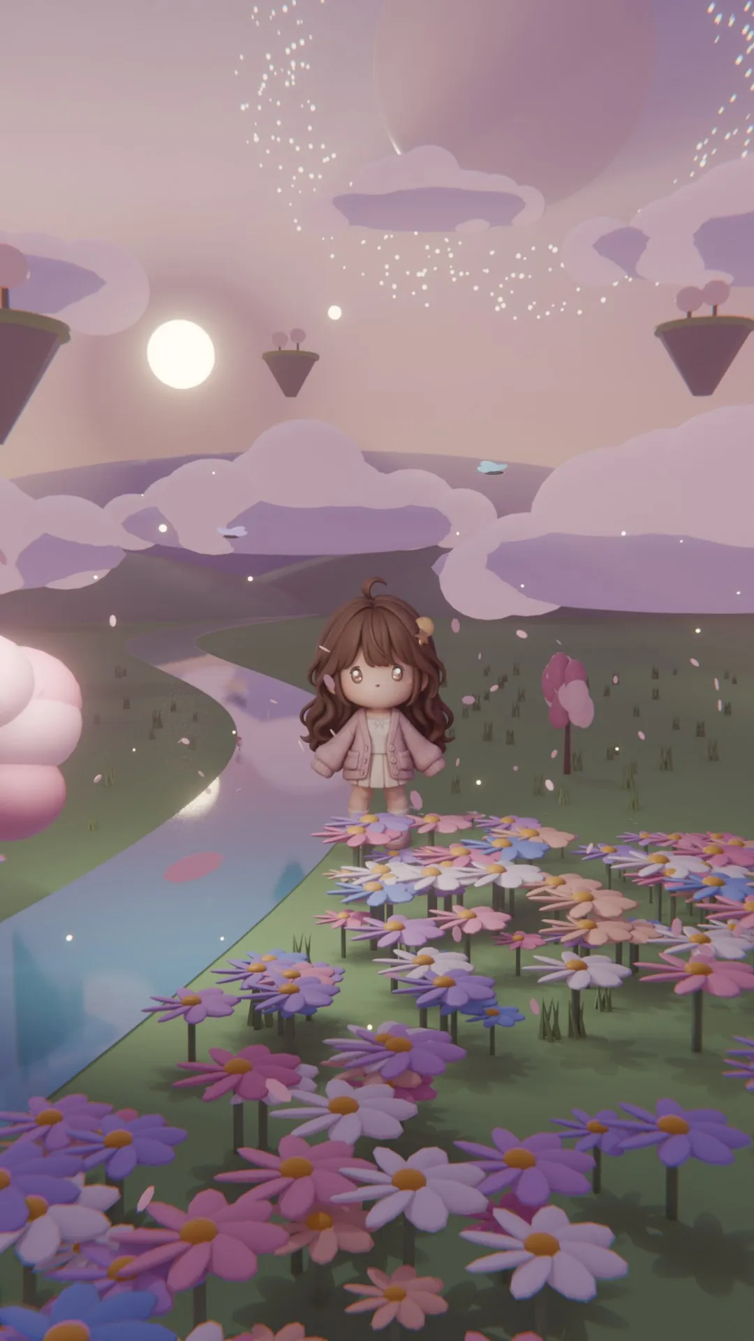 Mimi walking a path through a dreamy flower field